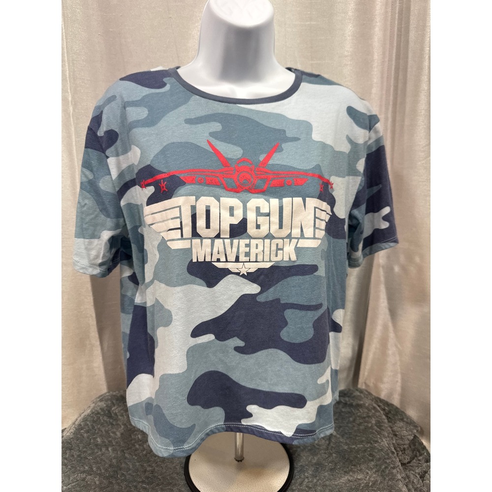 Top Gun Maverick Blue Camo Graphic T-Shirt Womens L 11-13 Movie Tee Short Slv